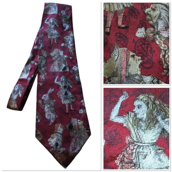 Alice In Wonderland Red Silk Tie Hand Tailored 100% European Silk - Picture 1 of 7